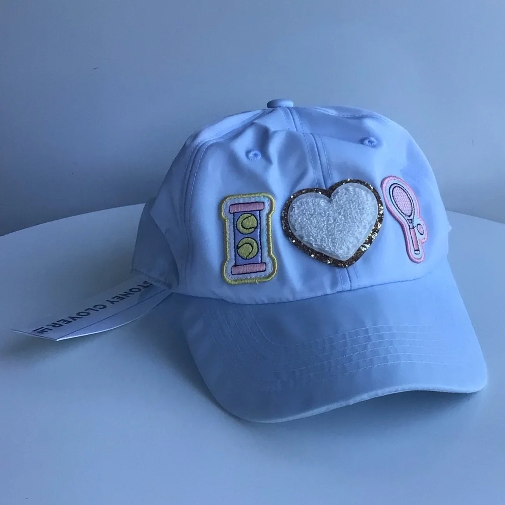 Stoney Clover Lane pastel baby blue nylon baseball cap I heart tennis racket